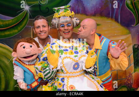 Birmingham, UK.  18th December 2014. Jack and the Beanstalk panto photocall at the Birmingham Hippodrome.  Pictured l-r: Paul Zerdin (Simple Simon), Gary Wilmot (Dame Trot) and Matt Slack (Silly Billy). Britain's biggest pantomime opens on Friday 19th December and runs until Sunday 1st February. Picture by Simon Hadley/Alamy Live News Stock Photo