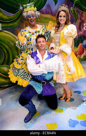 Birmingham, UK.  18th December 2014. Jack and the Beanstalk panto photocall at the Birmingham Hippodrome.  Pictured are Duncan James (Jack), Gary Wilmot (Dame Trot) and Robyn Mellor (Princess Apricot). Britain's biggest pantomime opens on Friday 19th December and runs until Sunday 1st February. Picture by Simon Hadley/Alamy Live News Stock Photo