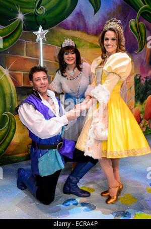 Birmingham, UK.  18th December 2014. Jack and the Beanstalk panto photocall at the Birmingham Hippodrome.  Pictured are Duncan James (Jack), Jane McDonald (The Enchantress) and Robyn Mellor (Princess Apricot). Britain's biggest pantomime opens on Friday 19th December and runs until Sunday 1st February. Picture by Simon Hadley/Alamy Live News Stock Photo
