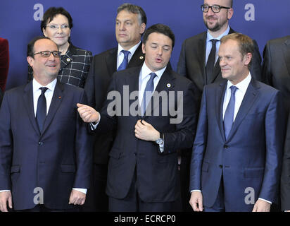 Brussels, Belgium. 18th Dec, 2014. Polish Prime Minister Ewa Kopacz, Hungarian Prime Minister Viktor Orban, Belgium Prime Minister Charles Michel (top row L-R), French President Francois Hollande, Italian Prime Minister Matteo Renzi and European Council President Donald Tusk (front row L-R) attend family photo session at the start of an EU Summit at the EU headquarters in Brussels, Belgium, Dec. 18, 2014. Credit:  Ye Pingfan/Xinhua/Alamy Live News Stock Photo