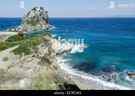 Mamma Mia chapel, Agios Ioannis, Skopelos, Greece. October. Church atop the rock. Stock Photo