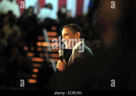Senator Barack Obama speaks during presidential campaign in Harrisburg, PA, in 2008.