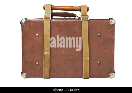 old suitcase tied with a belt Isolated on white background Stock Photo