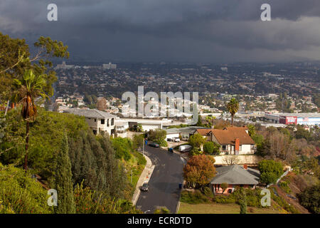 View from Baldwin Hills with rain in the distance, Los Angeles, California, United States of America Stock Photo