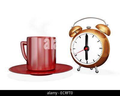 The 3D illustration show a Red cup of steaming tea or coffee placed alongside an alarm clock. The image is best suited for conce Stock Photo