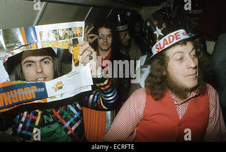 SLADE UK pop group about 1974 with from left Dave Hill, Jim Lea and Noddy Holder Stock Photo