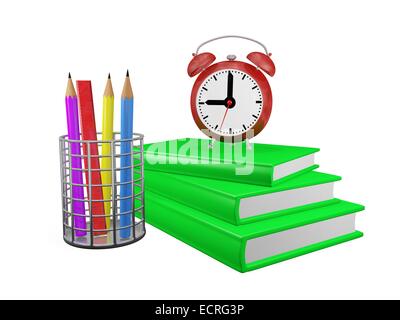 This is a 3D illustration of an alarm clock placed on a stack or pile of green hard bound books, with a chrome pencil holder con Stock Photo