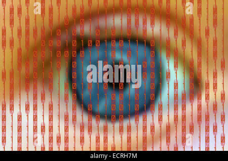 human eye behind a digital screen with red binary numbers Stock Photo