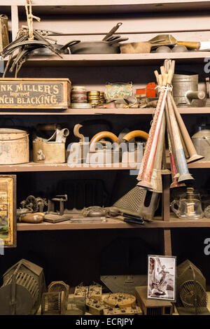 General merchandise offered for sale on a country store shelf. Stock Photo