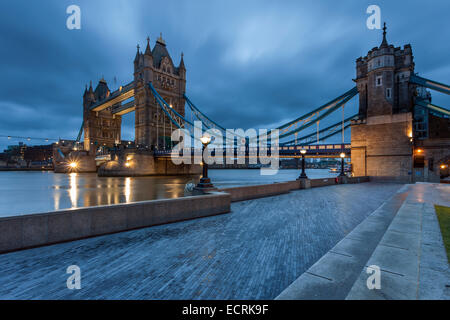 Tower Bridge from Queen's Walk at dawn, London. Stock Photo