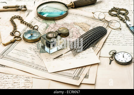 old letters and maps, vintage ink pen. ephemera and antique accessories. retro style toned picture Stock Photo