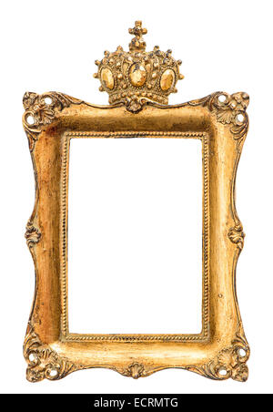 baroque golden picture frame isolated on white background. vintage style object with crown for king or queen Stock Photo