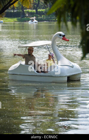 Vertical view of a pedalo shaped like a swan on the lake at Lumphini Park in Bangkok. Stock Photo