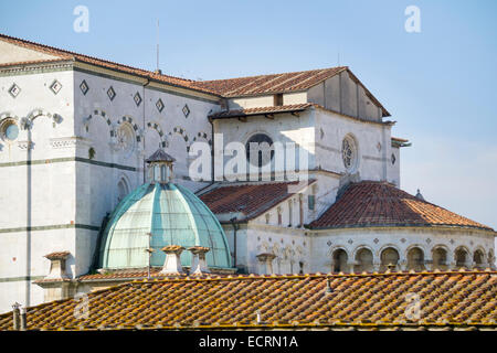 view from embankment to back of Lucca Cattedrale di San Martino Cathedral a beautiful hodge podge dating from 11th Century Stock Photo