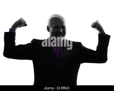 One Caucasian senior business man flexing muscles strong silhouette White Background Stock Photo