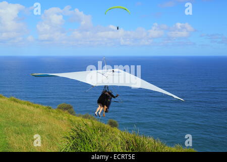 A tandem hang glider launches off Bald Hill, New South Wales, Australia as a paraglider soars over the Pacific Ocean. Stock Photo