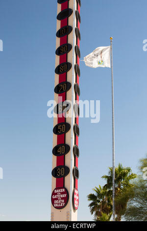 The world's largest thermometer in Baker, gateway to Death Valey, reading 102 degree fahrenheit, California, USA. Stock Photo