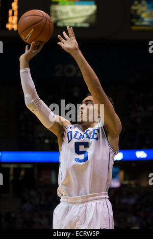 December 18, 2014: Duke Blue Devils guard Tyus Jones (5) shoots the ball during the NCAA basketball game between Connecticut Huskies and the Duke Blue Devils at the IZod Center in East Rutherford, New Jersey. The Duke Blue Devils won 66-56. Stock Photo
