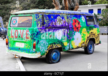 Old painted VW camper van, hippie van, Matala, Crete, Greece Stock Photo