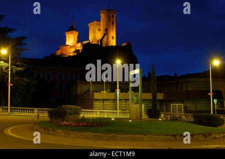 Castle of Foix, Chateau de Foix, at dusk, Cathar country, Ariege, Midi Pyrénées, France, Europe Stock Photo