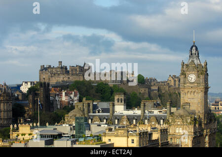 Balmoral Hotel tower and Edinburgh Castle from Calton Hill, Edinburgh, Lothian Region, Scotland, United Kingdom, Europe Stock Photo