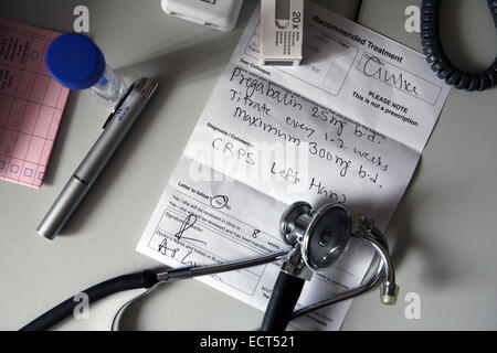 A doctor's desk at a general practitioner's surgery. UK. Stock Photo