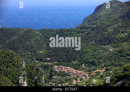 Top view above the village of Gorbio on the French Riviera. Stock Photo