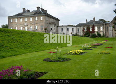 Looking across the formal planting towards the house wing and chapel of Haddo Stock Photo