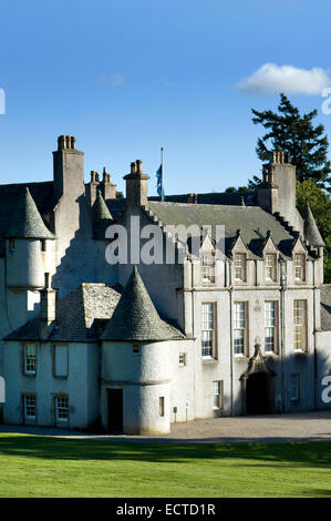 The beautiful scottish tower house of Leith Hall built in 1650 with its towers and turrets bathed in late summer sunshine Stock Photo