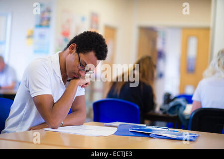 Secondary school education Wales UK: a level 6th form Year 13 male boy students in their common room doing independent study  work inbetween classes Stock Photo