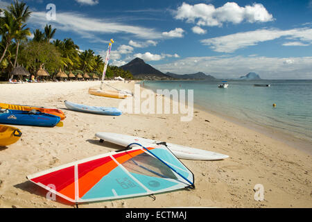 Mauritius, Flic en Flac, windsurfing boards on beach at La Pirogue Hotel Stock Photo