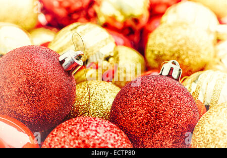 Red and golden christmas tree balls together - vintage tinted Stock Photo