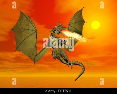 Fire-breathing dragon flying wings wide open at sunset Stock Photo