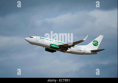 A Boeing 737 flight of Germainia Airlines leaving at Aberdeen from its journey across to Europe.  SCO 9367 Stock Photo