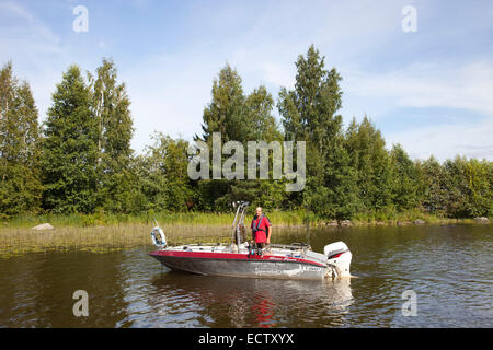 motorboat for fishing, rautavesi lake, vammala village, finland, europe Stock Photo