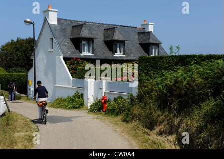 Ile de Brehat,cyclist on the road, Cotes-d'Armor, Bretagne, France Stock Photo