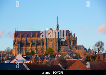 Arundel Cathedral. South profile of the historic building. Blue sky background with building lit by the setting sun. Stock Photo