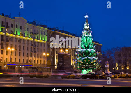 Moscow, Russia - January 09, 2012: Christmas tree and monument to city's founder prince Yuriy Dolgorukiy on Tverskaya street. Stock Photo