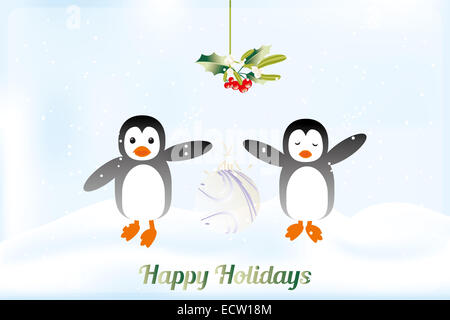 Cute holiday card with penguins holding Christmas ball Stock Photo