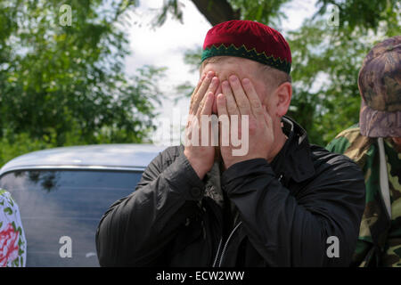 Chechen leader Ramzan Kadyrov, the later president, at the entrance to the village of Tsentoroi, Chechnya, Russia. Stock Photo