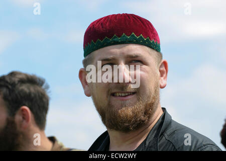 Chechen leader Ramzan Kadyrov, the later president, at the entrance to the village of Tsentoroi, Chechnya, Russia. Stock Photo