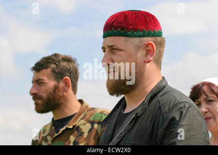 Chechen leader Ramzan Kadyrov, the later president, at the entrance to the village of Tsentoroi, Chechnya, Russia. Stock Photo