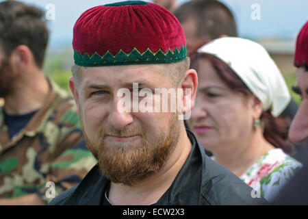 Chechen leader Ramzan Kadyrov, the later president, at the entrance to the village of Tsentoroi, Chechnya, Russia. Stock Photo