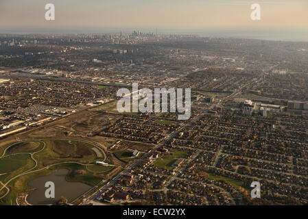 Aerial view of Downsview Park in North York with Toronto city skyline of highrise towers on Lake Ontario Canada Stock Photo