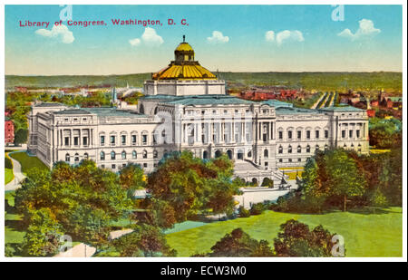 Old hand colored photo of Library of Congress Washington postcard, Stock Photo
