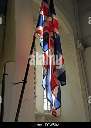 Union Flag of Great Britain in a church chapel, red,white and blue, At St Marys Ardley Stock Photo