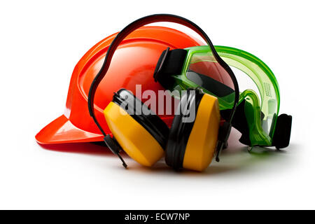 Red safety helmet with earphones and goggles Stock Photo