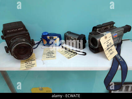 Cameras displayed at London Transport Lost Property Office, Baker Street, London Stock Photo