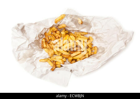 Large portion of chips from the fish and chip shop. Stock Photo