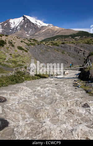 TREKKERS cross a SUSPENSION BRIDGE over the NAR PHU RIVER in the ...